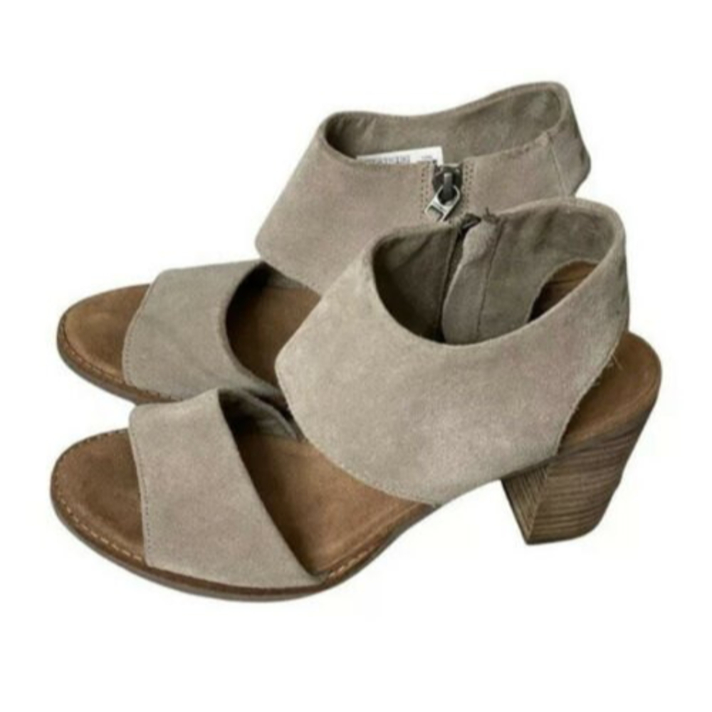 Toms Majorca Taupe Suede Block Heel Sandals Ankle Zipper